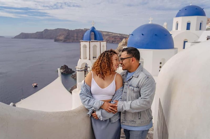 Oia: Couple Photoshoot Seprate Entrance to Blue Dome - Oia’s famous blue domes and the separate entrance